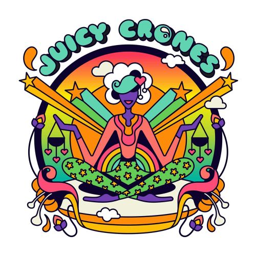A retro, colourful, pop art, psychedelic style design for the 'Juicy Crones' project.