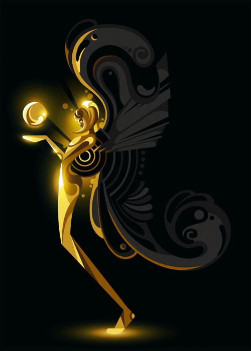 A shiny gold figure/angel with black wings.
