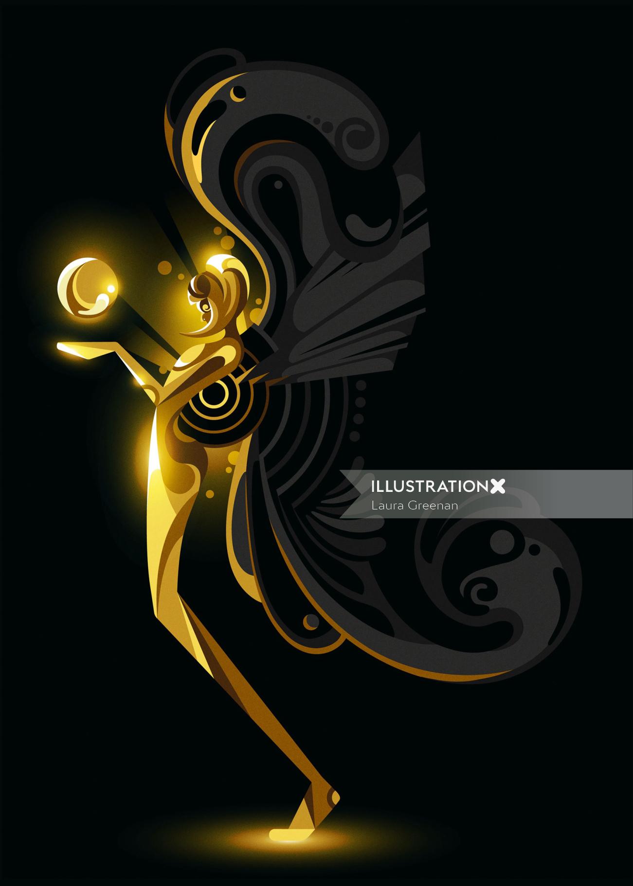 A shiny gold figure/angel with black wings.
