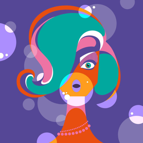 A vibrant, colourful, fun, retro, female pop art style portrait of a woman blowing bubblegum.
