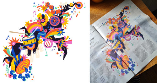 A fun, bright, vibrant, fantastical, pop art music editorial illustration.