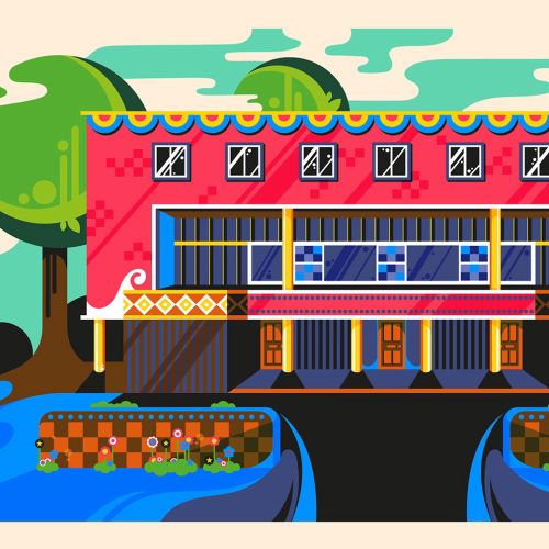 A colourful, vibrant, bright, sunny, fun, pop art style architecture illustration of 2 Willow Road i