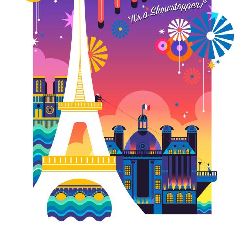 A travel poster for Paris, France created in a pop art colourful and vibrant style.