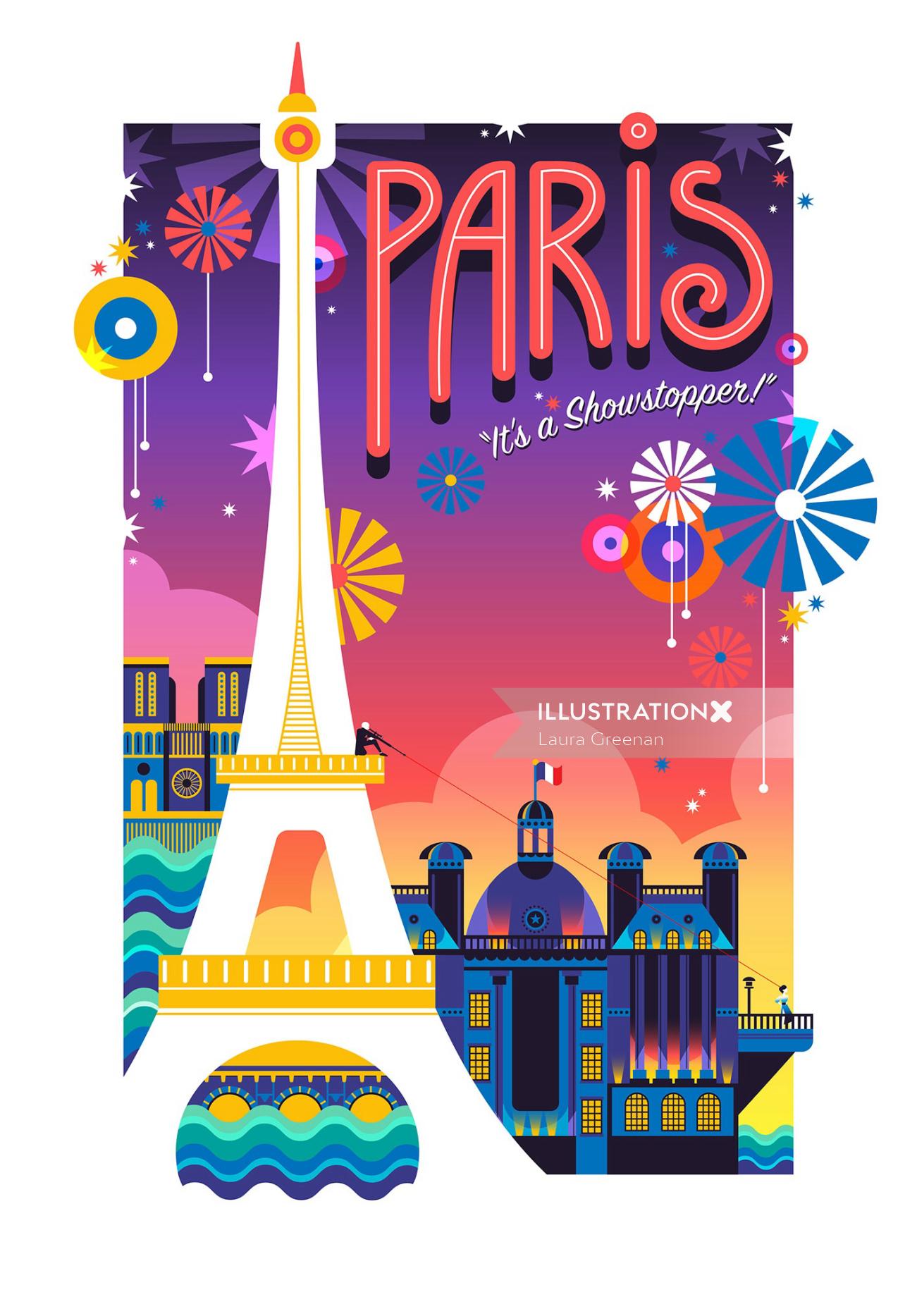 A travel poster for Paris, France created in a pop art colourful and vibrant style.