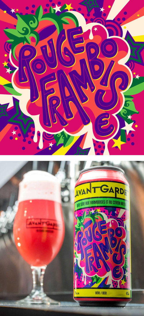 Rótulo de cerveja frutada vibrante e colorida de estilo pop art para uma cerveja com álcool de frutas chamada Rouge Framb