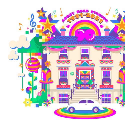 A colourful and vibrant pop art style architecture illustration of Abbey Road studios.