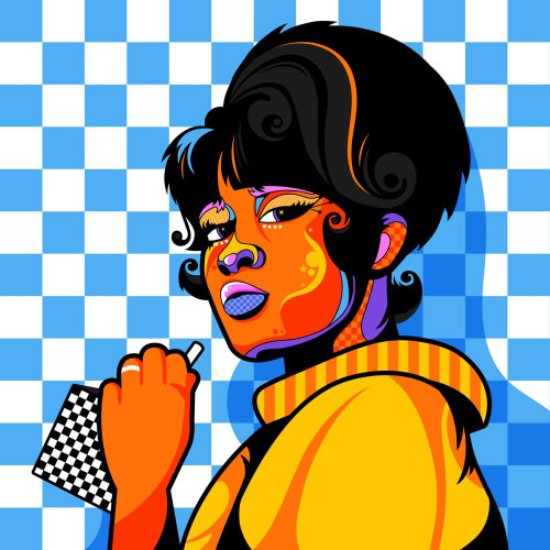 Um retrato feminino colorido, gráfico, imaginativo, estilo pop art de Ronnie Spector.