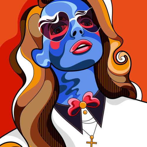 Pop art, retro, psychedelic style portrait of musician Lana Del Rey.