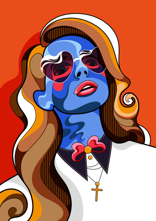 Pop art, rétro, style psychédélique, portrait de la musicienne Lana Del Rey.