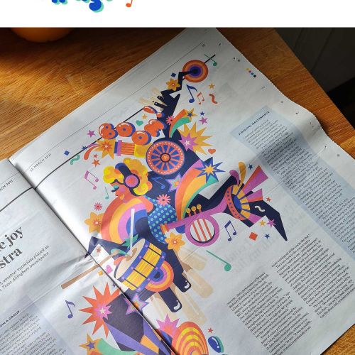 A fun, bright, vibrant, fantastical, pop art music editorial illustration for Waitrose.