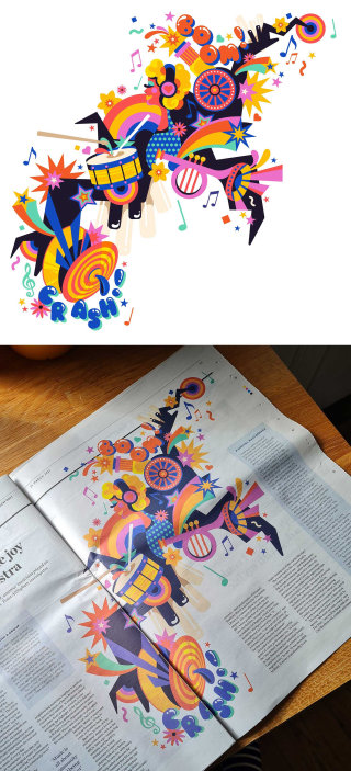 Una ilustración editorial de música pop art divertida, brillante, vibrante y fantástica para Waitrose.