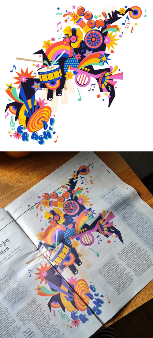 Uma ilustração editorial divertida, brilhante, vibrante, fantástica, de música pop art para Waitrose.