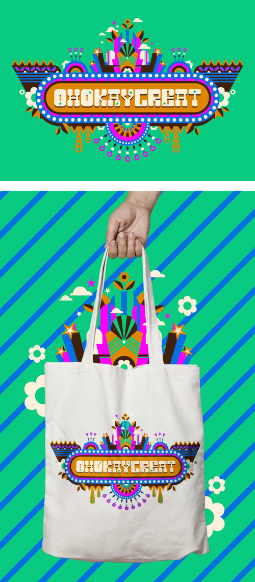 OH OKAY GREA vibrant lettering use on a tote bag