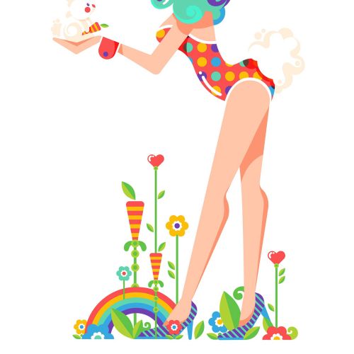 Vibrant fun pop art style Easter illustration of a standing female figure with bunny ears and a fluf