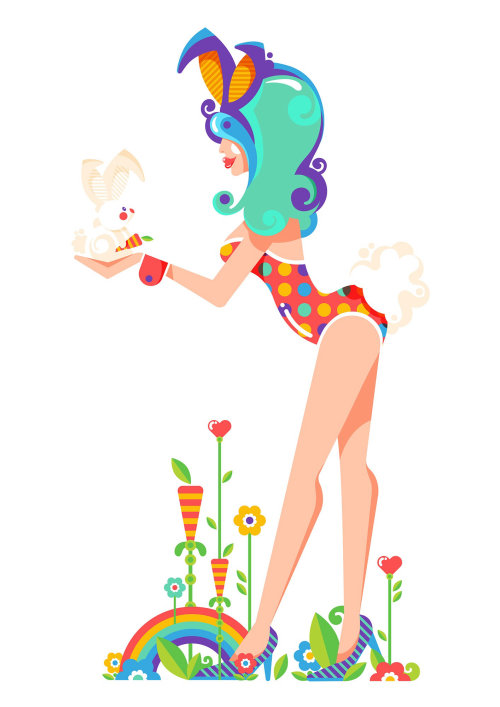 Vibrant fun pop art style Easter illustration of a standing female figure with bunny ears and a fluf