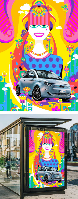 フィアット500電気自動車の広告イラスト