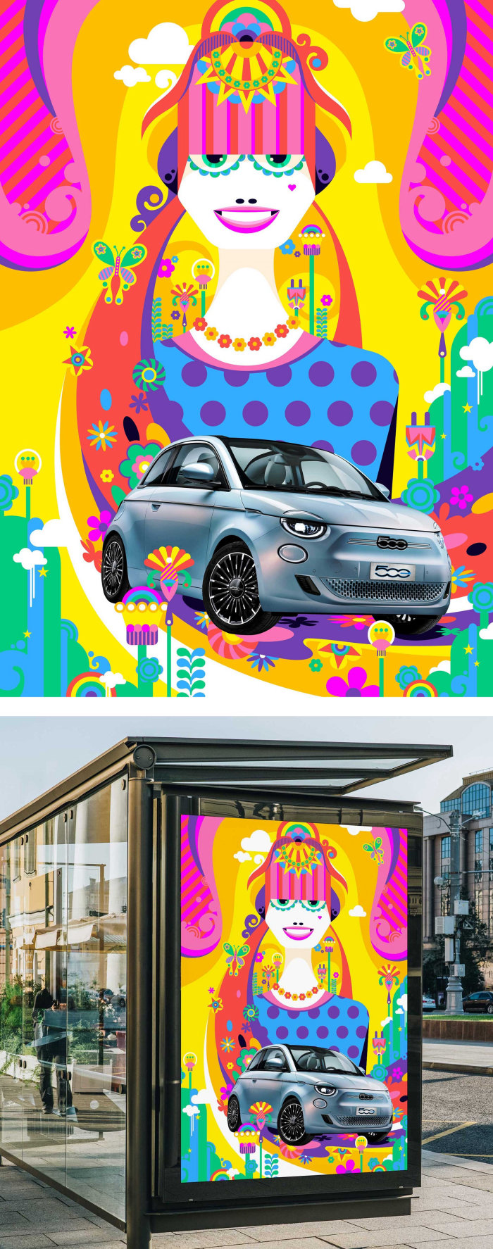 Illustration publicitaire pour la voiture électrique Fiat 500