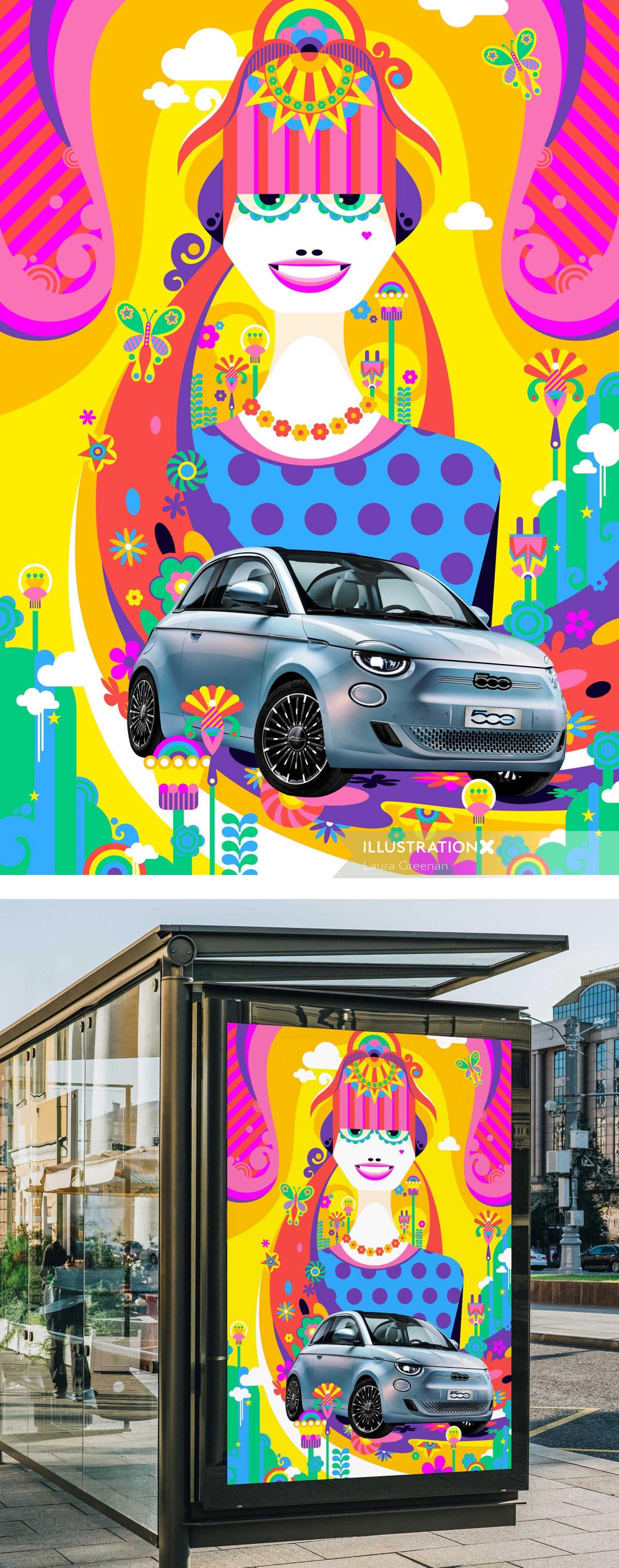電気自動車フィアット 500 の広告イラスト