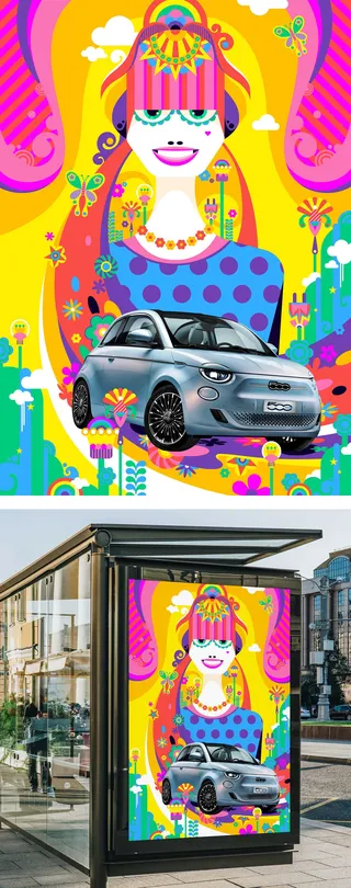 Advertising illustration for the electric Fiat 500 car