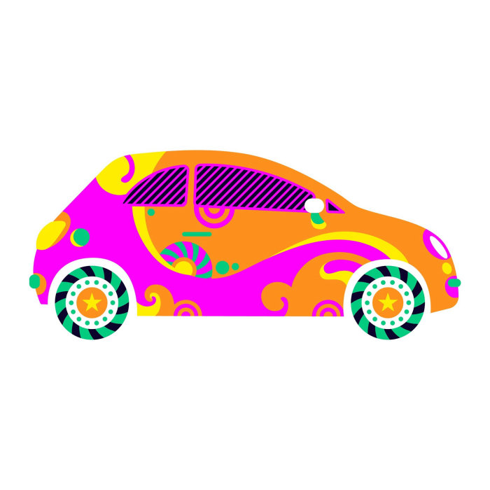 Una ilustración de arte pop vibrante, divertida, maximalista, de un automóvil Fiat 500.