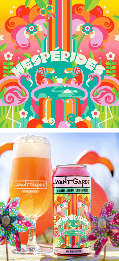 Une étiquette de bière fruitée vibrante, colorée, fantastique et maximaliste de style pop art.