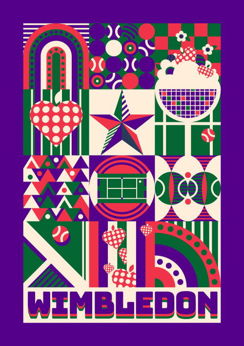 A vibrant, colourful, vector, fantastical, maximalist, pop art style poster for the Wimbledon tennis