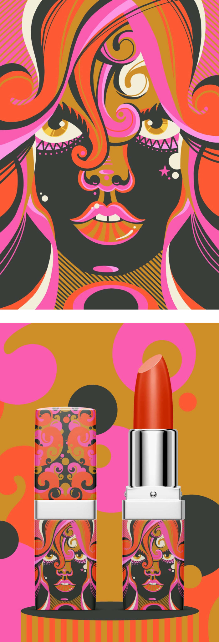 Oeuvre d&#39;un portrait féminin en pop art pour un produit de rouge à lèvres