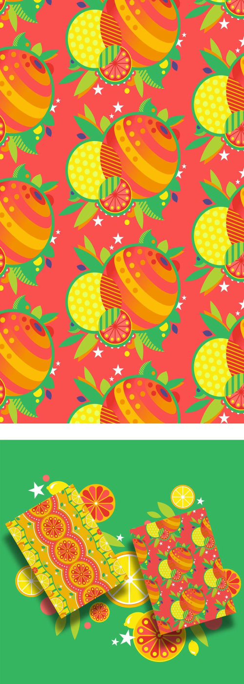 A vibrant, colourful, fantastical, maximalist pop art style vector fruit pattern.