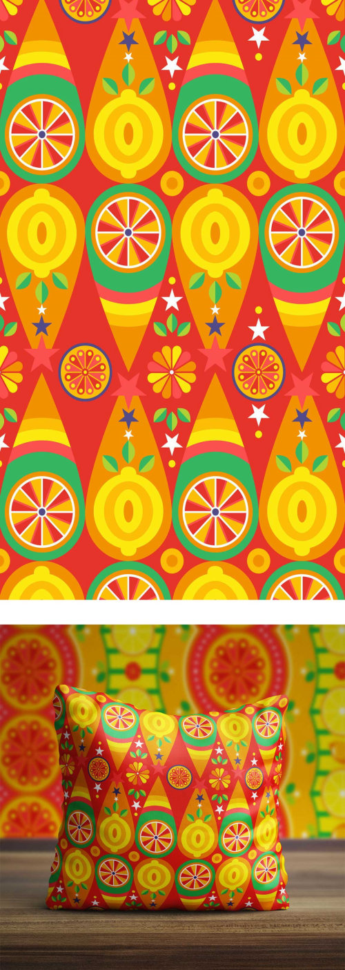 A vibrant, colourful, fantastical, maximalist pop art style vector fruit pattern.