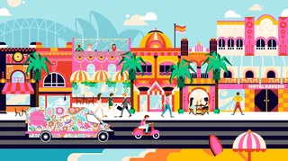 A sunny, retro, vibrant, Australian style vector maximalist street scene.