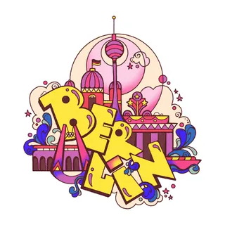 Colorful psychedelic Berlin typography with city landmarks and swirls