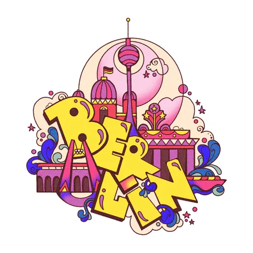 Colorful psychedelic Berlin typography with city landmarks and swirls