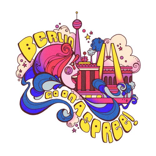 Psychedelic Berlin illustration with landmarks and bold typography