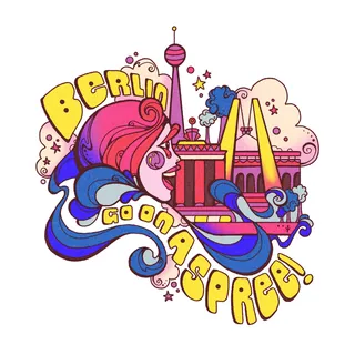 Psychedelic Berlin illustration with landmarks and bold typography