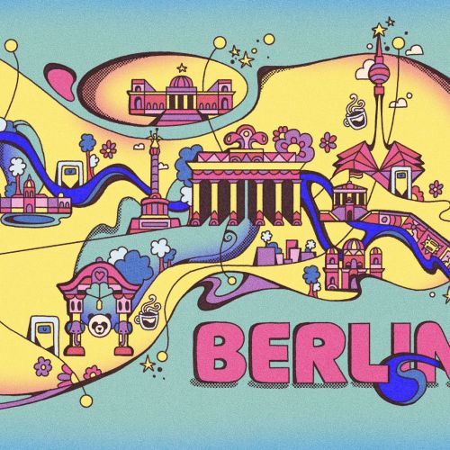 Colorful psychedelic map of Berlin with landmarks and Spree River