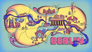 Colorful psychedelic map of Berlin with landmarks and Spree River