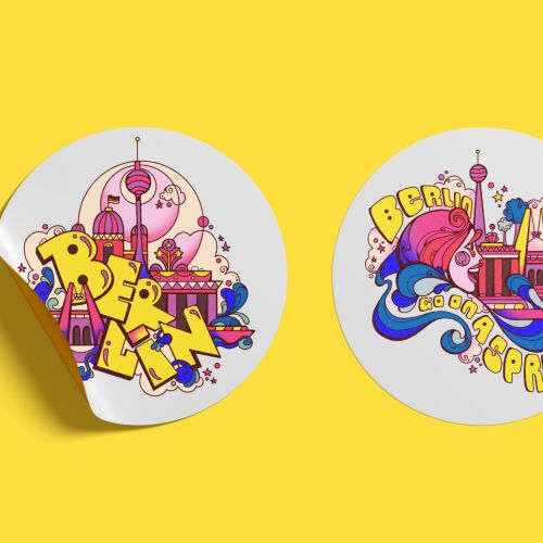 Two vibrant Berlin-themed travel typography illustrations with landmarks
