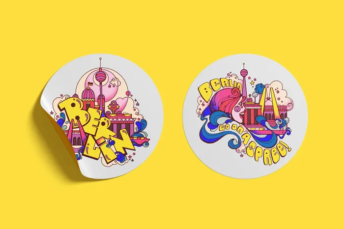Two vibrant Berlin-themed travel typography illustrations with landmarks