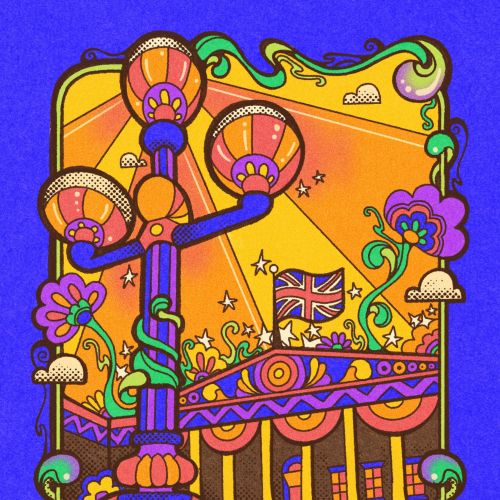 Psychedelic British Museum with flowers and Art Nouveau style