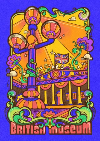 Psychedelic British Museum with flowers and Art Nouveau style