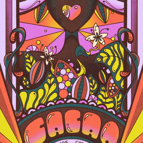 Psychedelic female portrait with tropical cacao pods and colorful patterns
