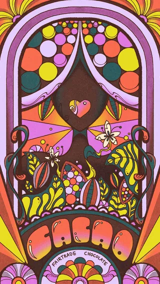 Psychedelic female portrait with tropical cacao pods and colorful patterns