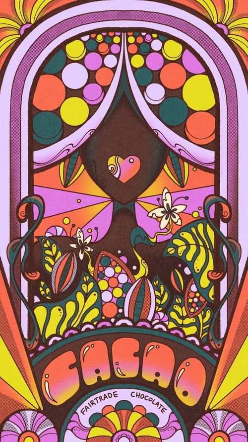 Psychedelic female portrait with tropical cacao pods and colorful patterns