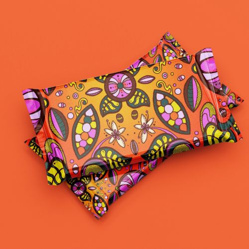 Bright psychedelic tropical chocolate packaging with cacao pod patterns