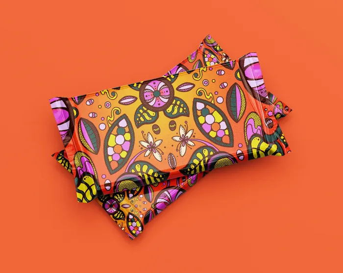 Bright psychedelic tropical chocolate packaging with cacao pod patterns