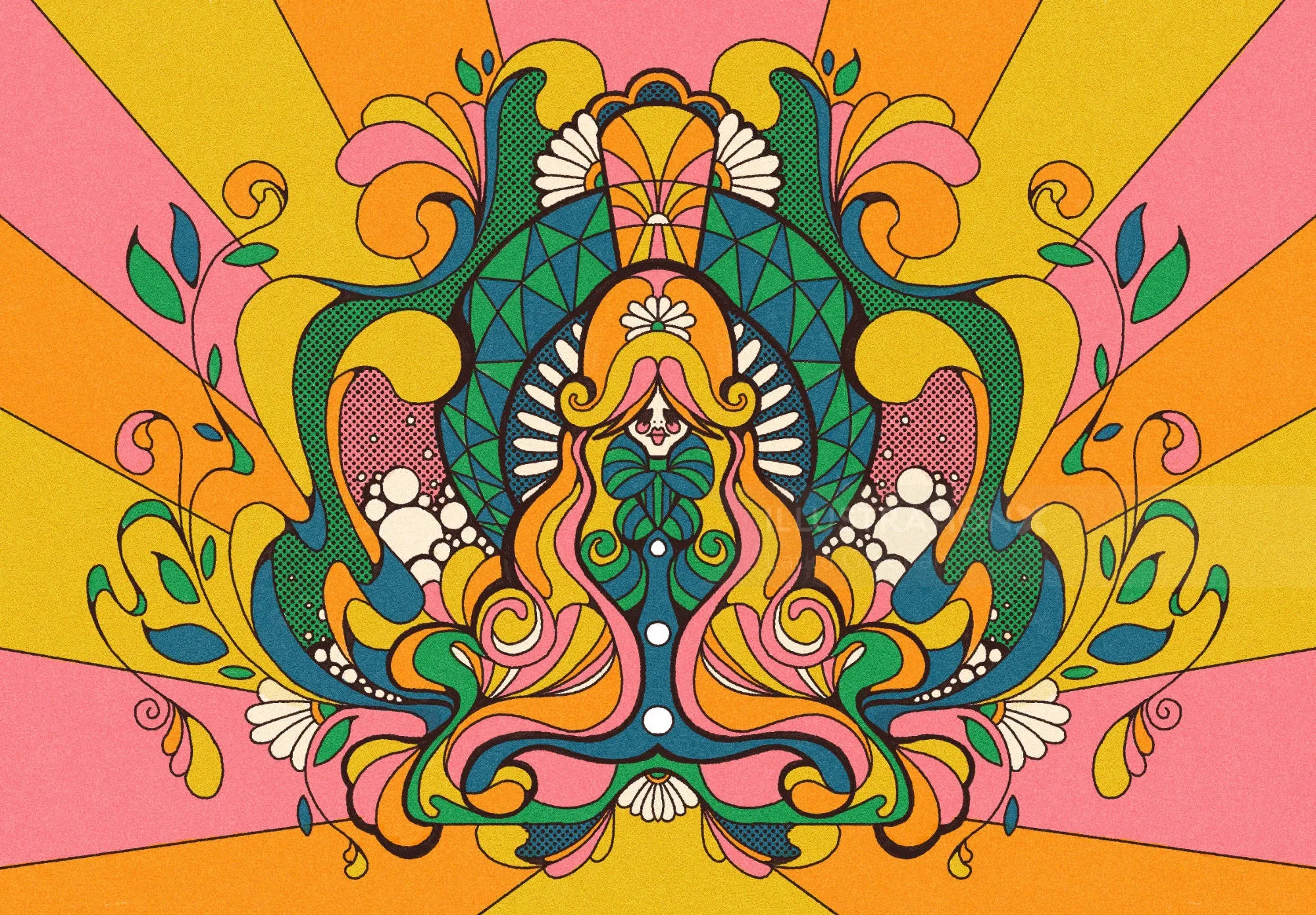 Psychedelic Art Deco woman with swirling hair and floral patterns