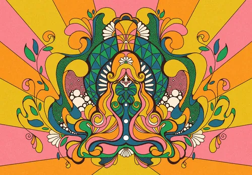Psychedelic Art Deco woman with swirling hair and floral patterns