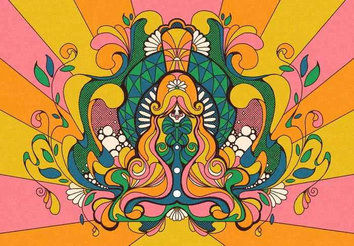 Psychedelic Art Deco woman with swirling hair and floral patterns