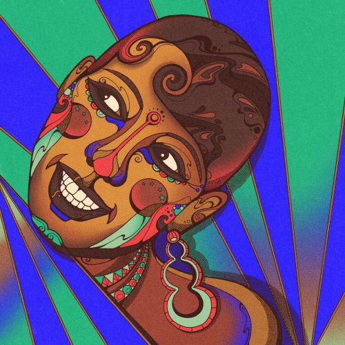 Colorful psychedelic portrait of Josephine Baker with Art Deco patterns