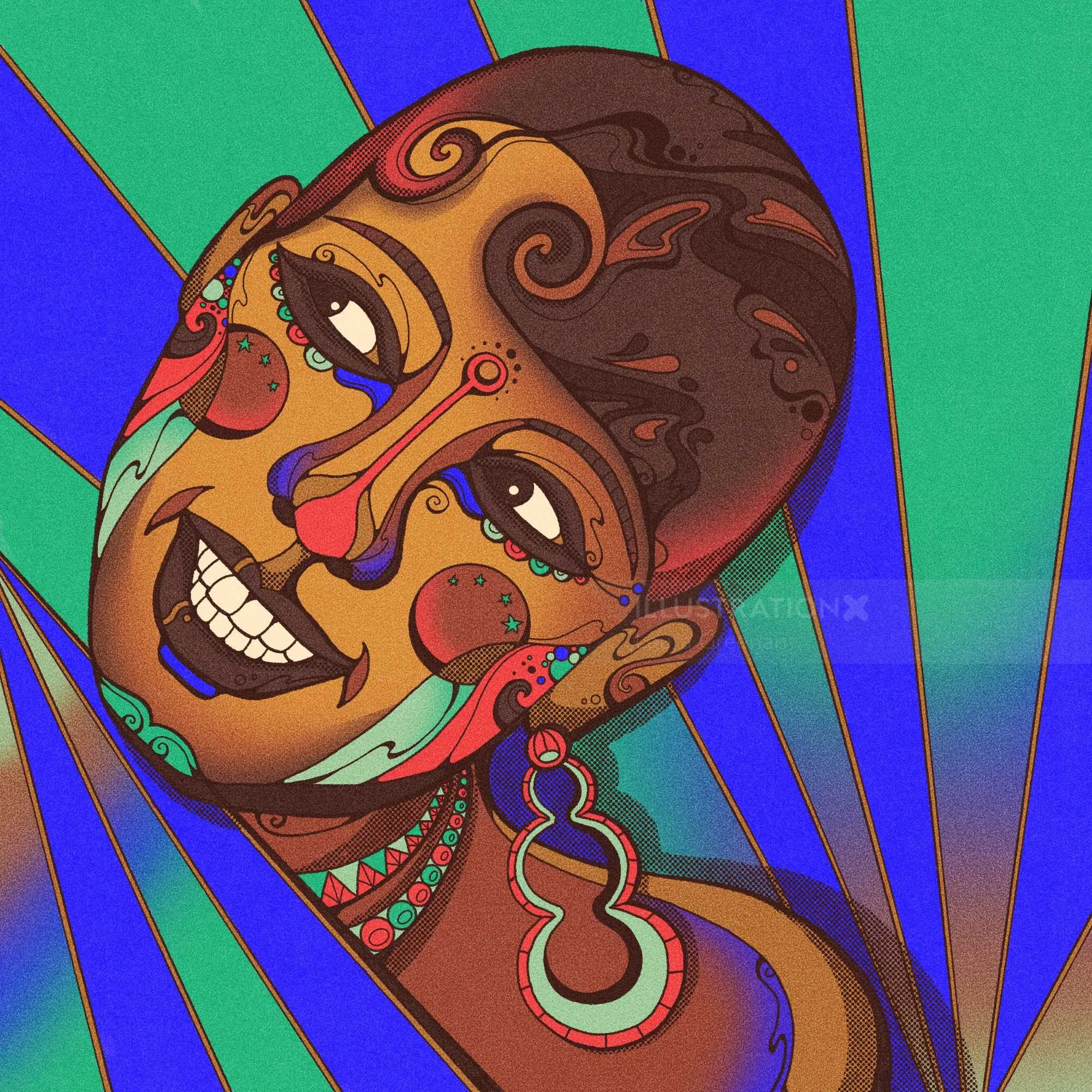 Colorful psychedelic portrait of Josephine Baker with Art Deco patterns